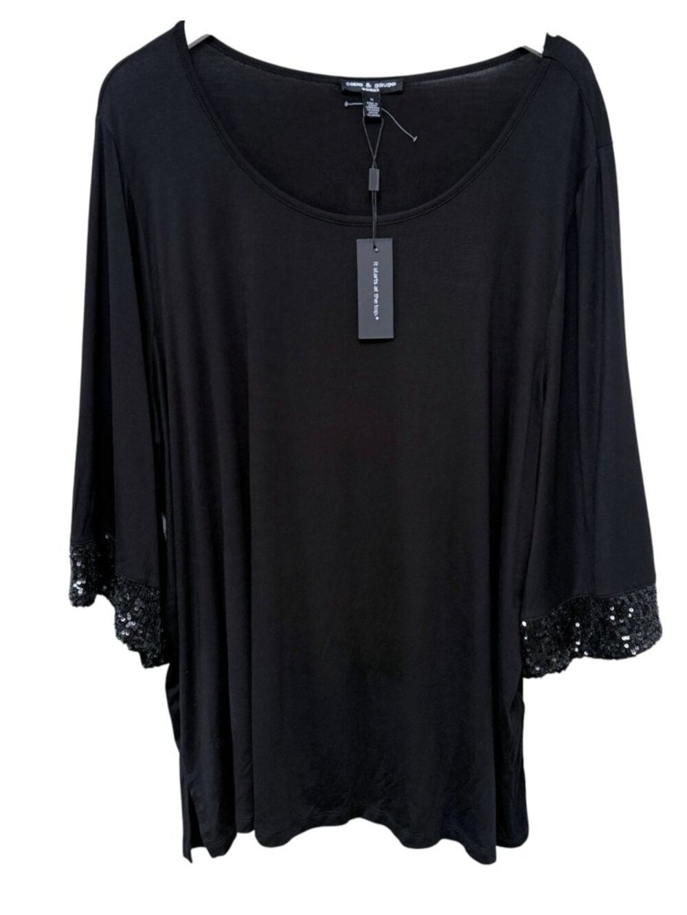 CABLE & GAUGE Top Plus Size 1X Black Sequin Trim Wide Sleeve Stretch Jersey NWT